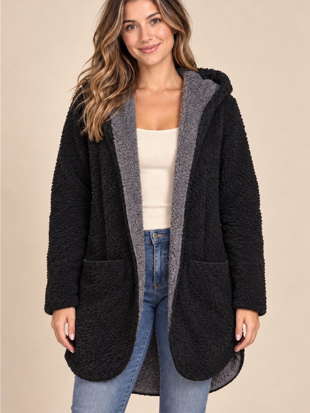 NWT Weatherproof Reversible Teddy Sherpa Hooded Jacket - Black/Grey